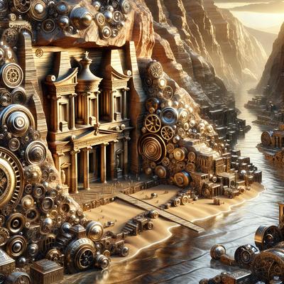 The primary subject of the image is a large, intricately designed building, possibly a temple or a palace, with a clock tower and a clock on its side. The building is surrounded by a desert landscape, giving it a unique and striking appearance. The visual style of the image is a combination of digital art and illustration, creating a vivid and detailed representation of the building and its surroundings. The colors and mood of the image are predominantly warm and earthy tones, with a sense of mystery and wonder.